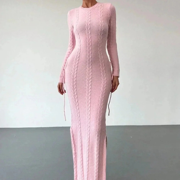 Pink Elegant Women's Warm Cinched Waist Knitted Dress - Picture 5 of 8